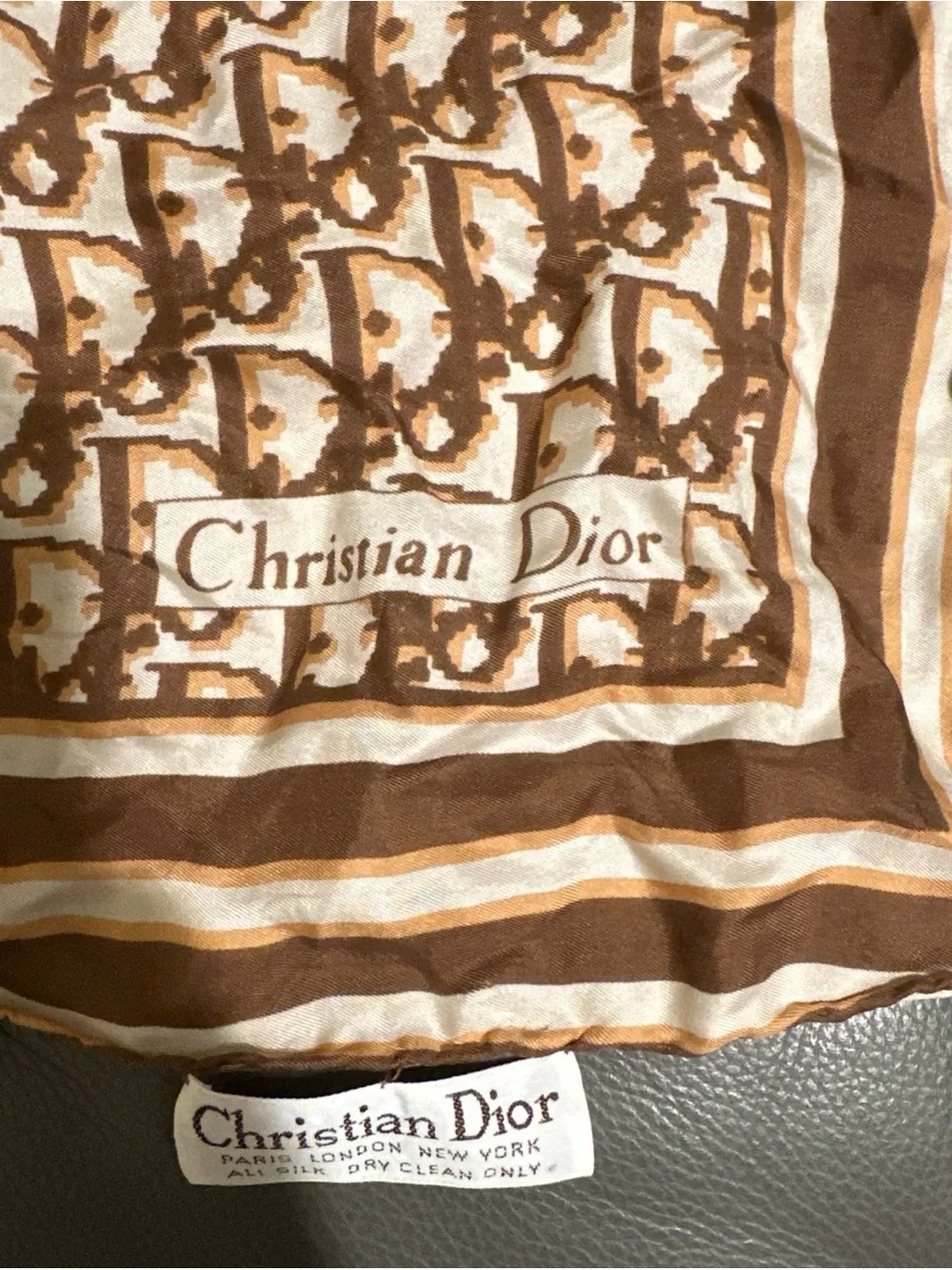 Dior Vintage Cream and Brown Signature Logo silk scarf